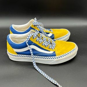 Blue & white checkered Vans, yellow suede, size 5.5mens/ 7 women’s